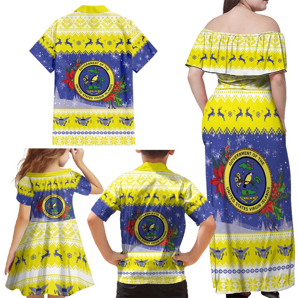 United States Virgin Islands Christmas Family Matching Off Shoulder Maxi Dress and Hawaiian Shirt Coat Of Arms With Poinsettia - Wonder Print Shop