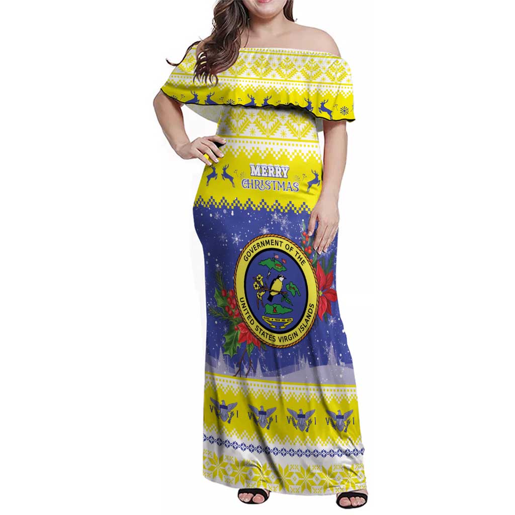 United States Virgin Islands Christmas Family Matching Off Shoulder Maxi Dress and Hawaiian Shirt Coat Of Arms With Poinsettia - Wonder Print Shop