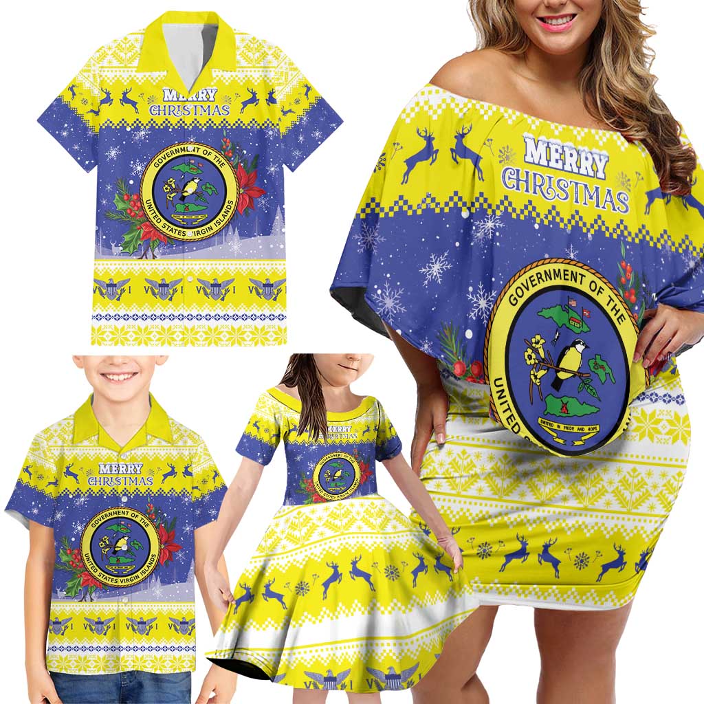 United States Virgin Islands Christmas Family Matching Off Shoulder Short Dress and Hawaiian Shirt Coat Of Arms With Poinsettia - Wonder Print Shop