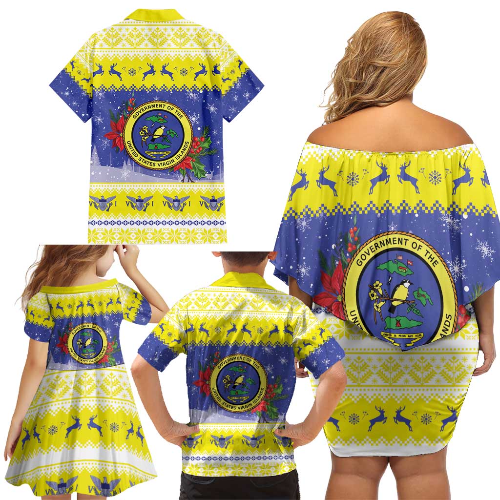United States Virgin Islands Christmas Family Matching Off Shoulder Short Dress and Hawaiian Shirt Coat Of Arms With Poinsettia - Wonder Print Shop