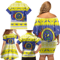 United States Virgin Islands Christmas Family Matching Off Shoulder Short Dress and Hawaiian Shirt Coat Of Arms With Poinsettia - Wonder Print Shop