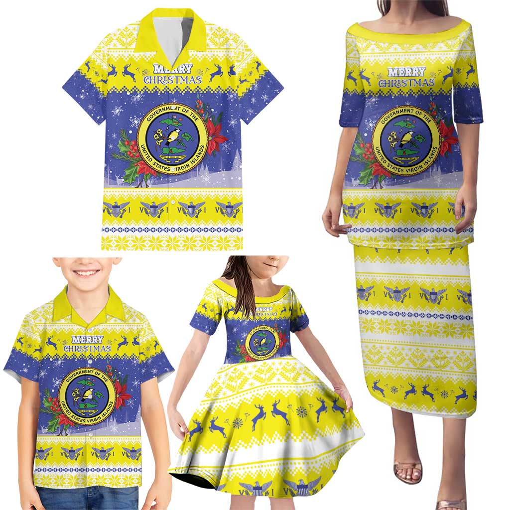 United States Virgin Islands Christmas Family Matching Puletasi and Hawaiian Shirt Coat Of Arms With Poinsettia - Wonder Print Shop