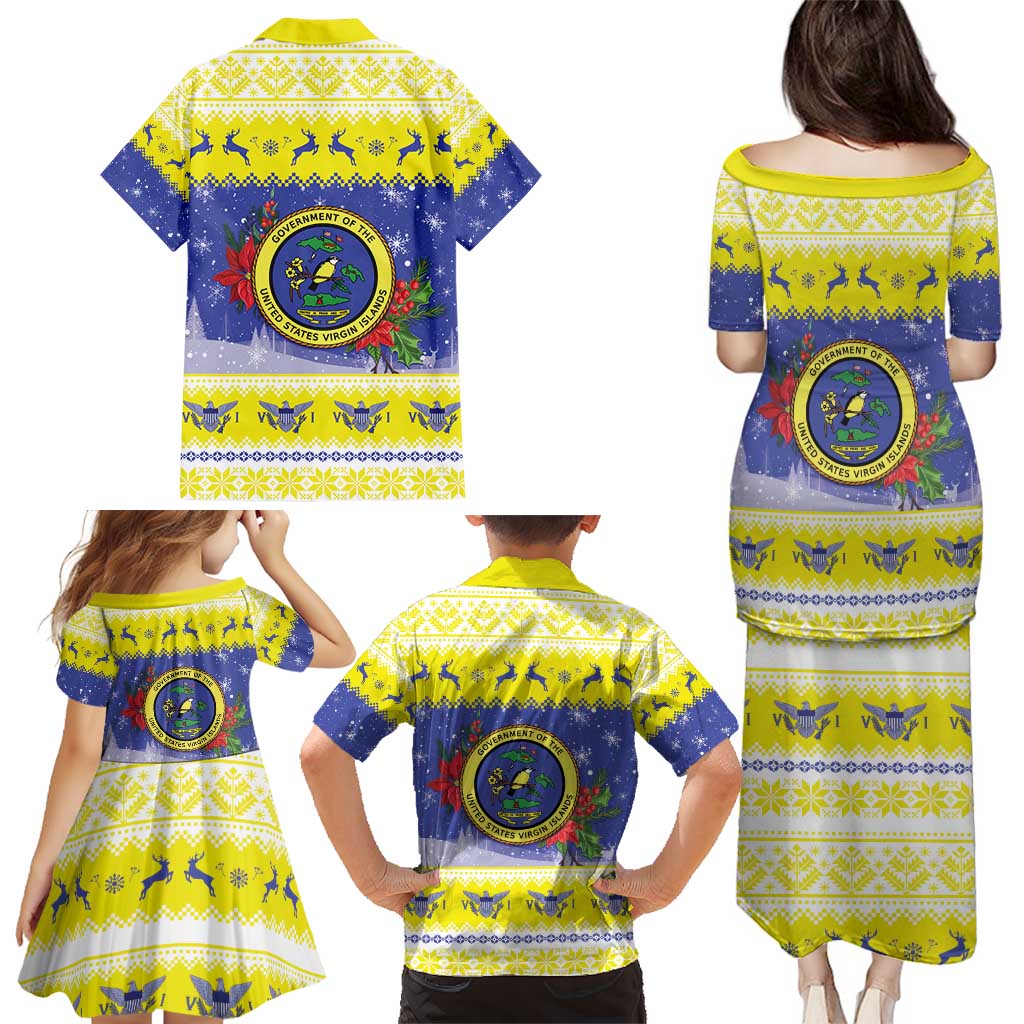 United States Virgin Islands Christmas Family Matching Puletasi and Hawaiian Shirt Coat Of Arms With Poinsettia - Wonder Print Shop