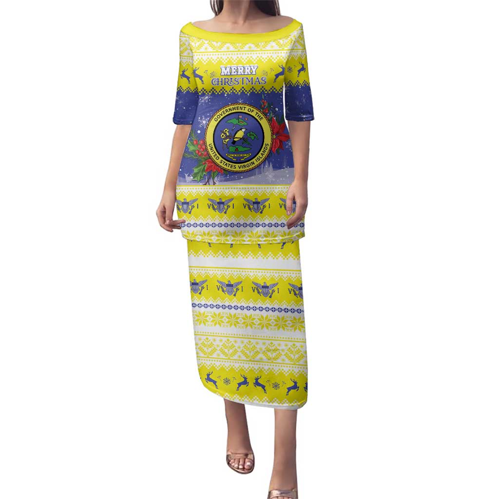 United States Virgin Islands Christmas Family Matching Puletasi and Hawaiian Shirt Coat Of Arms With Poinsettia - Wonder Print Shop