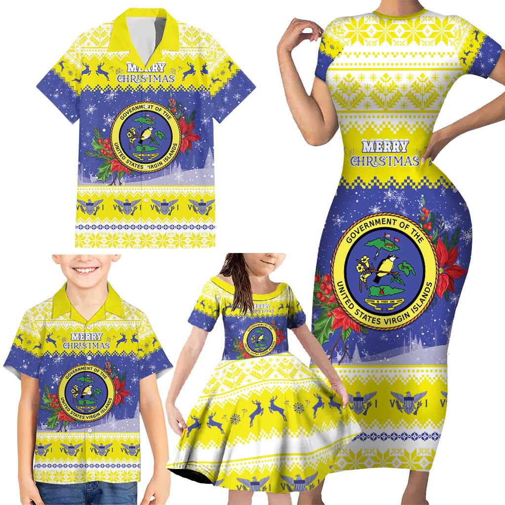 United States Virgin Islands Christmas Family Matching Short Sleeve Bodycon Dress and Hawaiian Shirt Coat Of Arms With Poinsettia - Wonder Print Shop