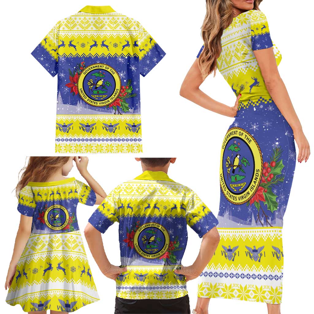 United States Virgin Islands Christmas Family Matching Short Sleeve Bodycon Dress and Hawaiian Shirt Coat Of Arms With Poinsettia - Wonder Print Shop