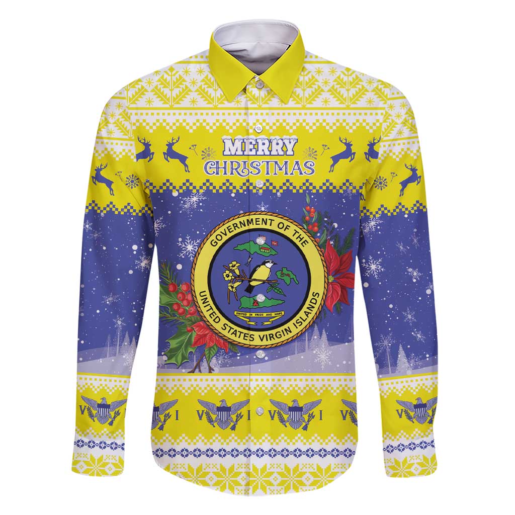 United States Virgin Islands Christmas Family Matching Short Sleeve Bodycon Dress and Hawaiian Shirt Coat Of Arms With Poinsettia - Wonder Print Shop