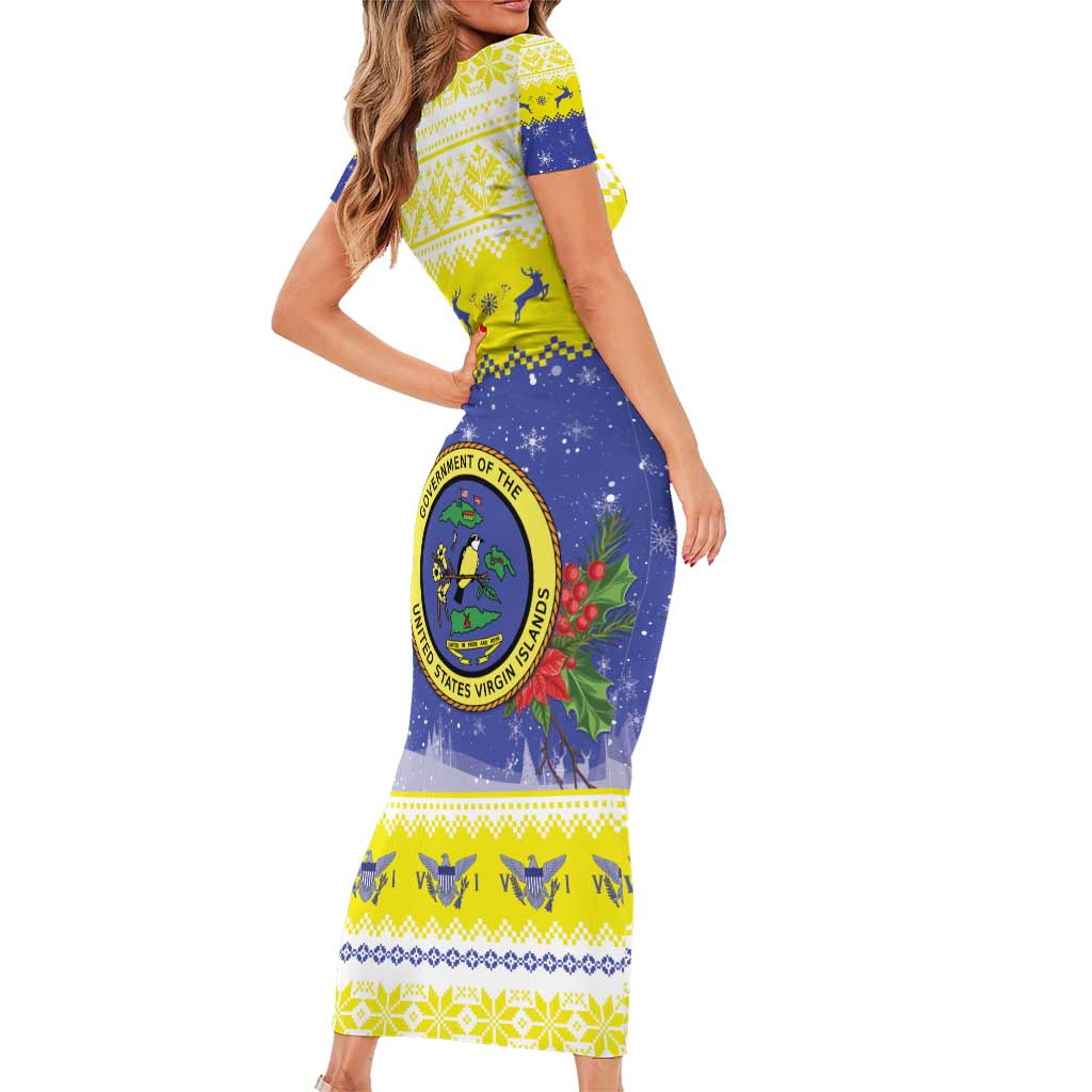 United States Virgin Islands Christmas Family Matching Short Sleeve Bodycon Dress and Hawaiian Shirt Coat Of Arms With Poinsettia - Wonder Print Shop