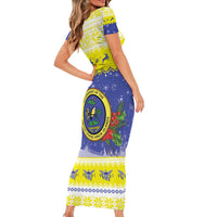 United States Virgin Islands Christmas Family Matching Short Sleeve Bodycon Dress and Hawaiian Shirt Coat Of Arms With Poinsettia - Wonder Print Shop