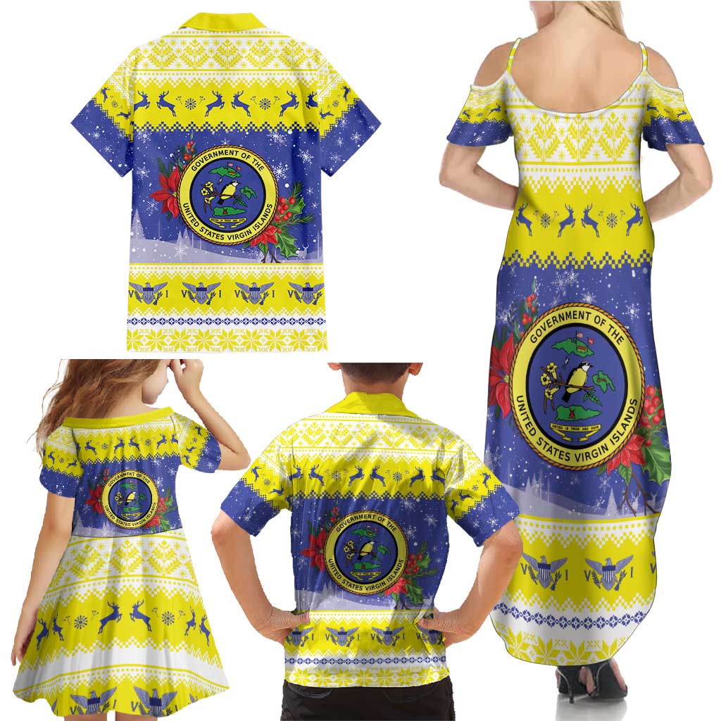 United States Virgin Islands Christmas Family Matching Summer Maxi Dress and Hawaiian Shirt Coat Of Arms With Poinsettia - Wonder Print Shop