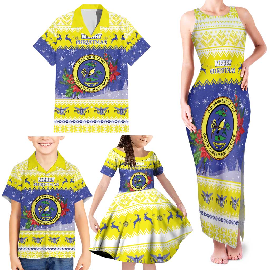 United States Virgin Islands Christmas Family Matching Tank Maxi Dress and Hawaiian Shirt Coat Of Arms With Poinsettia - Wonder Print Shop