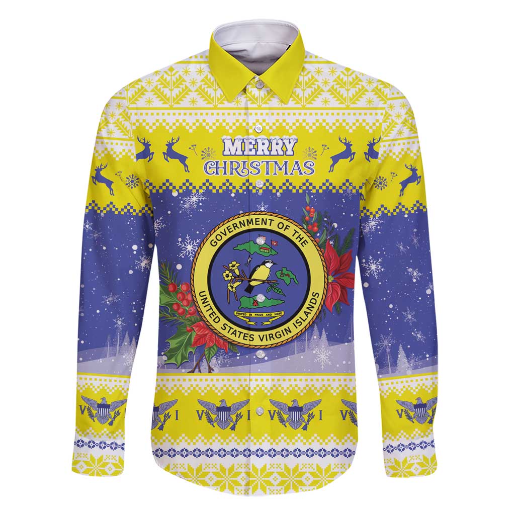 United States Virgin Islands Christmas Family Matching Tank Maxi Dress and Hawaiian Shirt Coat Of Arms With Poinsettia - Wonder Print Shop