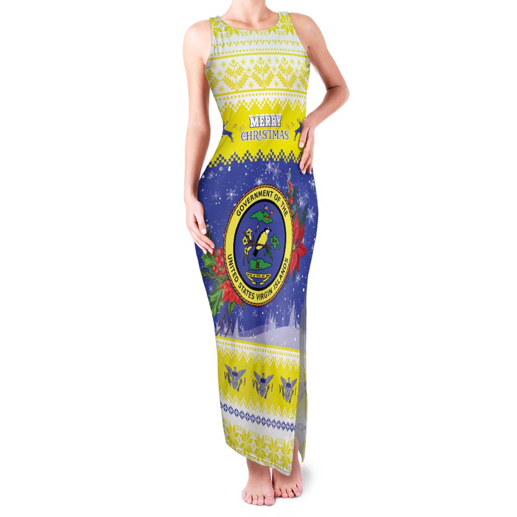 United States Virgin Islands Christmas Family Matching Tank Maxi Dress and Hawaiian Shirt Coat Of Arms With Poinsettia - Wonder Print Shop