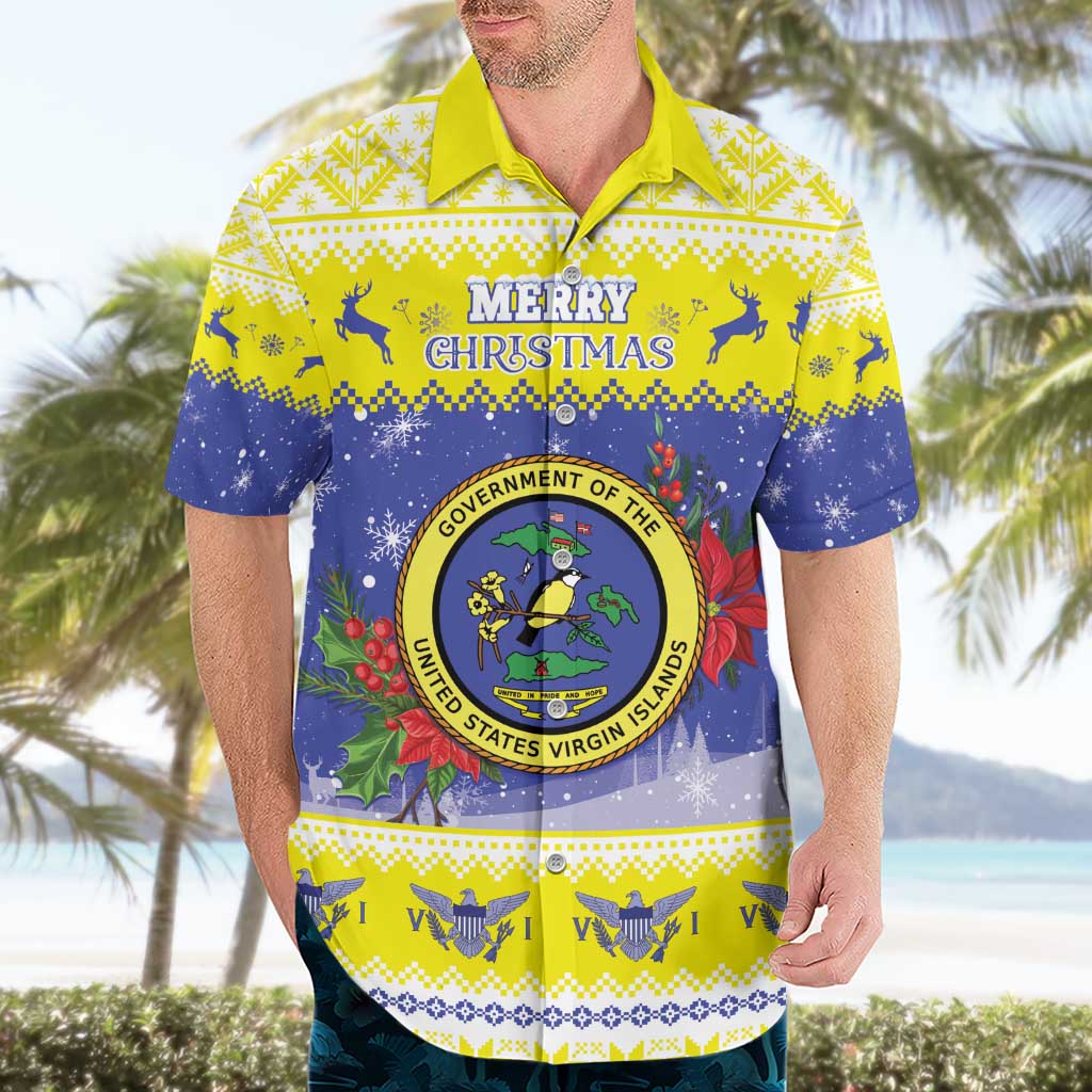 United States Virgin Islands Christmas Hawaiian Shirt Coat Of Arms With Poinsettia - Wonder Print Shop