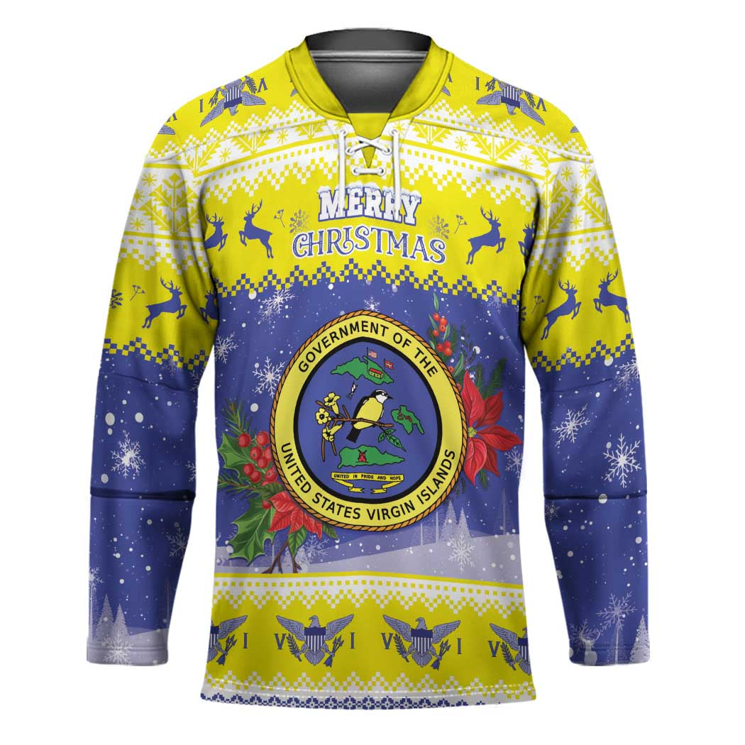 United States Virgin Islands Christmas Hockey Jersey Coat Of Arms With Poinsettia - Wonder Print Shop