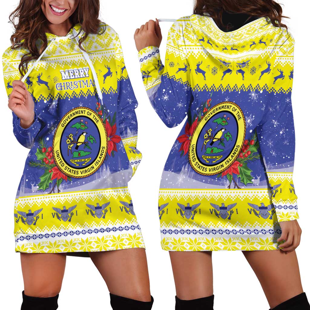 United States Virgin Islands Christmas Hoodie Dress Coat Of Arms With Poinsettia - Wonder Print Shop
