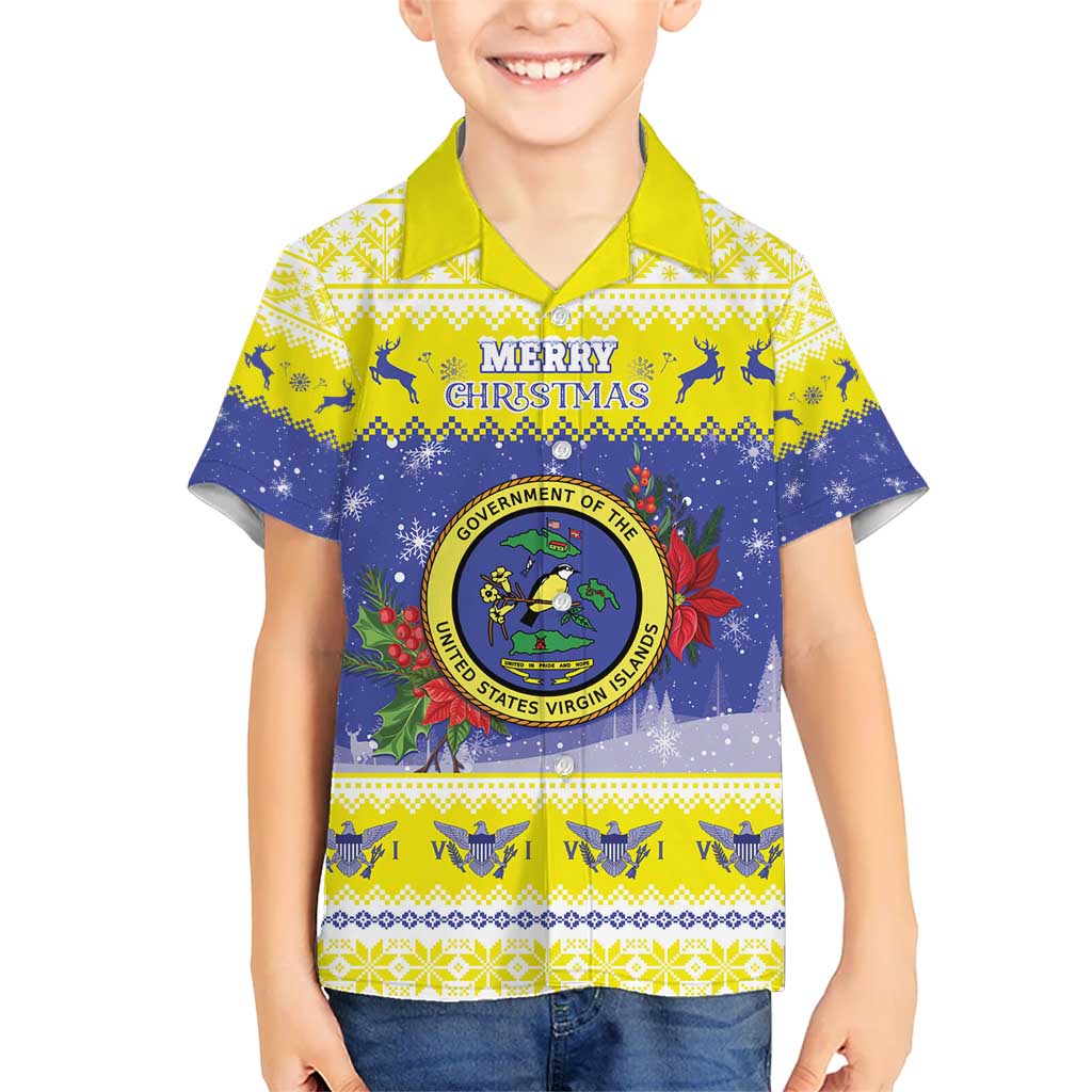 United States Virgin Islands Christmas Kid Hawaiian Shirt Coat Of Arms With Poinsettia - Wonder Print Shop