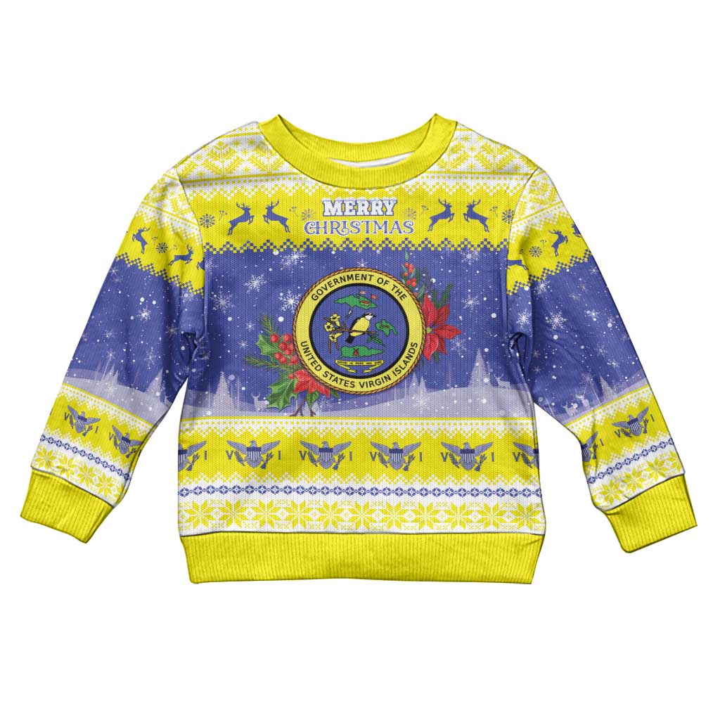 United States Virgin Islands Christmas Kid Ugly Christmas Sweater Coat Of Arms With Poinsettia - Wonder Print Shop