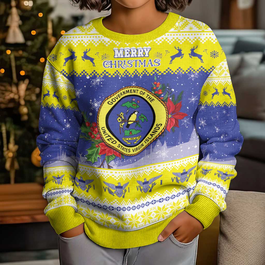 United States Virgin Islands Christmas Kid Ugly Christmas Sweater Coat Of Arms With Poinsettia - Wonder Print Shop