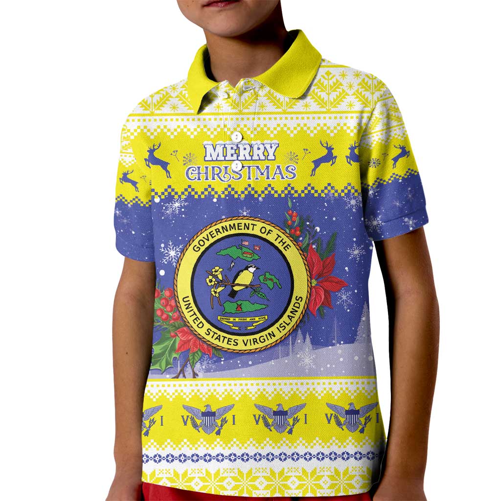 United States Virgin Islands Christmas Kid Polo Shirt Coat Of Arms With Poinsettia - Wonder Print Shop
