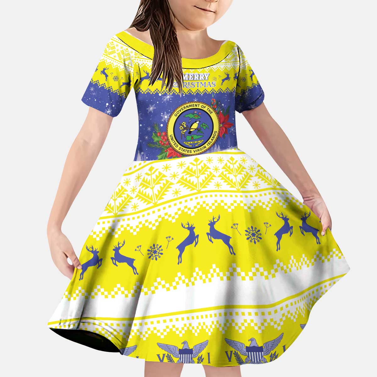 United States Virgin Islands Christmas Kid Short Sleeve Dress Coat Of Arms With Poinsettia - Wonder Print Shop