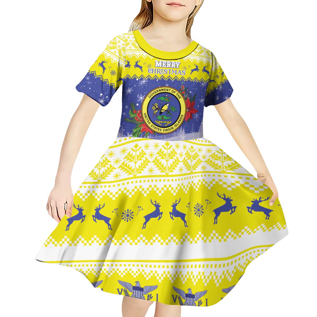 United States Virgin Islands Christmas Kid Short Sleeve Dress Coat Of Arms With Poinsettia - Wonder Print Shop