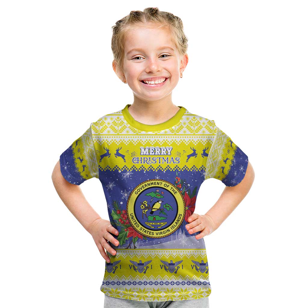 United States Virgin Islands Christmas Kid T Shirt Coat Of Arms With Poinsettia - Wonder Print Shop