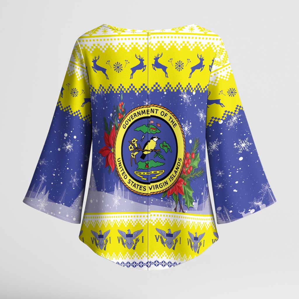 United States Virgin Islands Christmas Kimono Sleeve Blouse Coat Of Arms With Poinsettia - Wonder Print Shop
