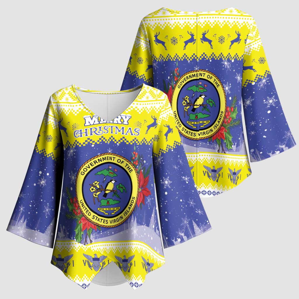 United States Virgin Islands Christmas Kimono Sleeve Blouse Coat Of Arms With Poinsettia - Wonder Print Shop