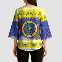 United States Virgin Islands Christmas Kimono Sleeve Blouse Coat Of Arms With Poinsettia - Wonder Print Shop