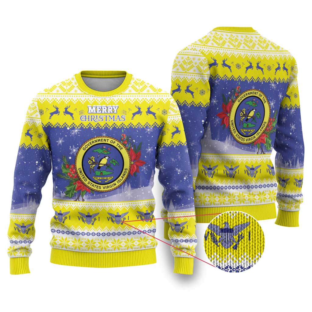 United States Virgin Islands Christmas Ugly Christmas Sweater Coat Of Arms With Poinsettia - Wonder Print Shop