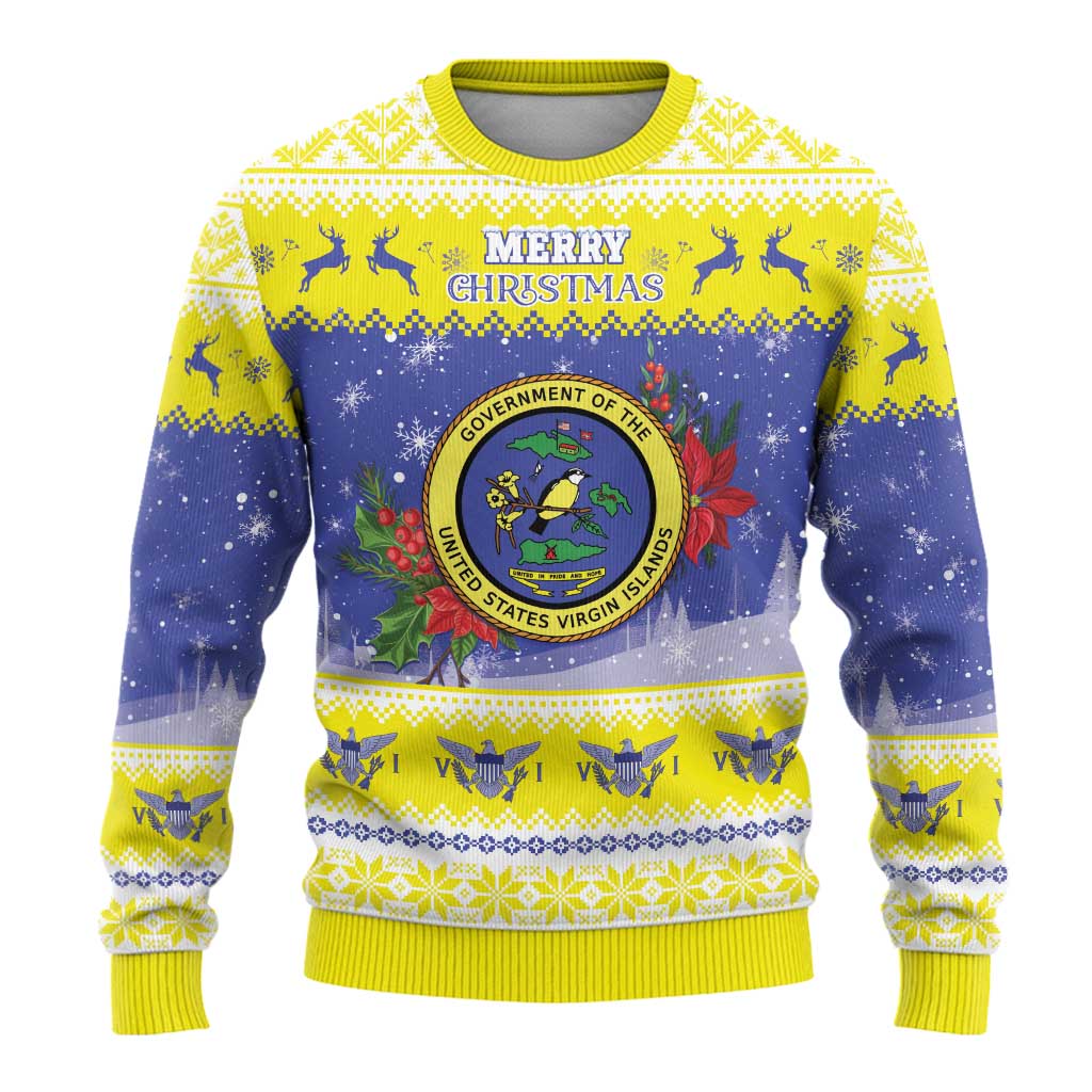 United States Virgin Islands Christmas Ugly Christmas Sweater Coat Of Arms With Poinsettia - Wonder Print Shop