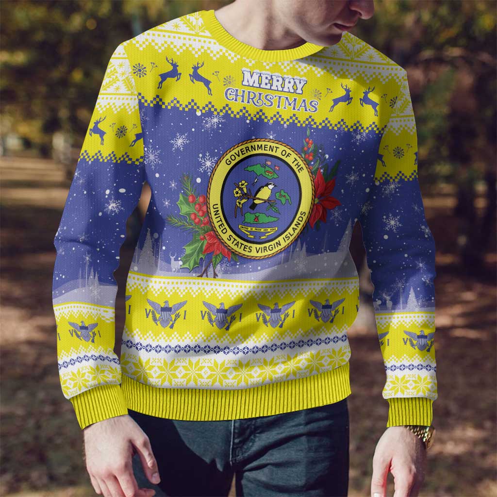 United States Virgin Islands Christmas Ugly Christmas Sweater Coat Of Arms With Poinsettia - Wonder Print Shop