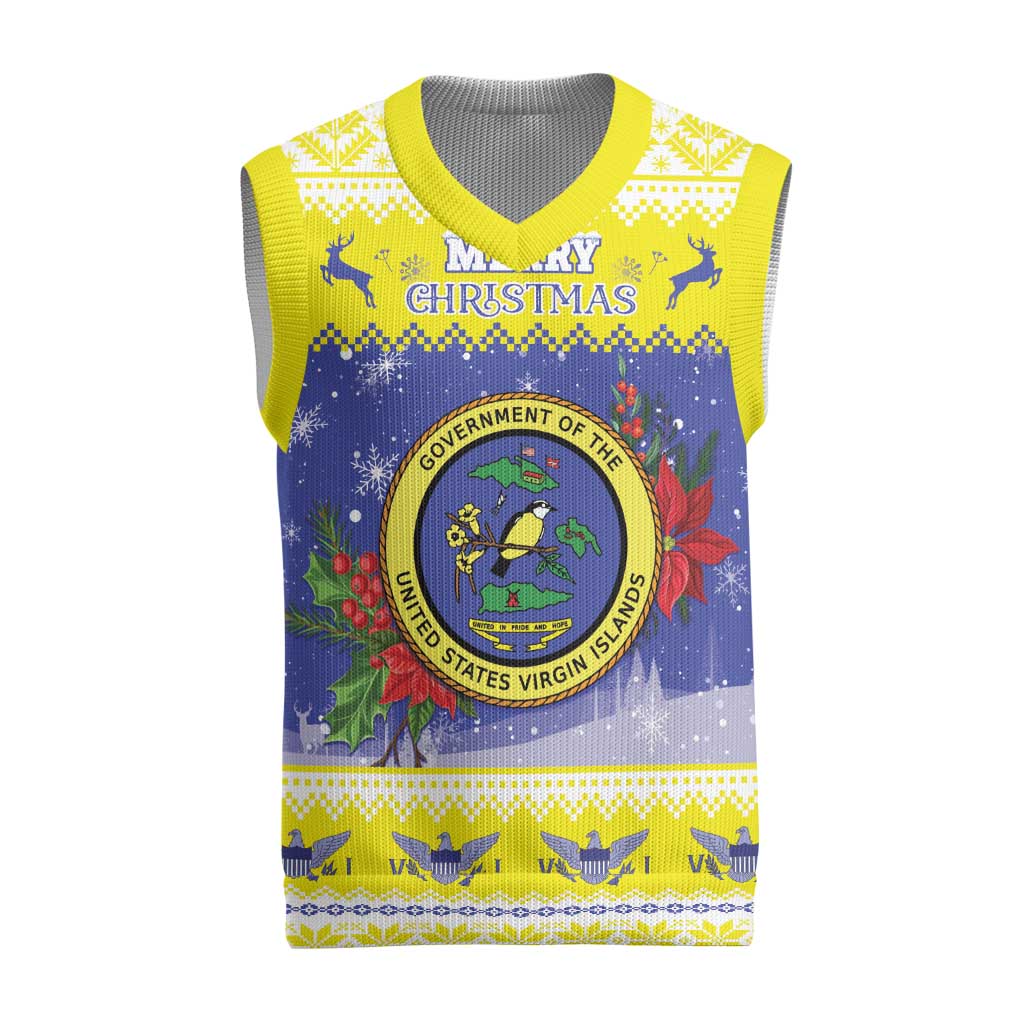 United States Virgin Islands Christmas Knitted V-Neck Vest Coat Of Arms With Poinsettia - Wonder Print Shop