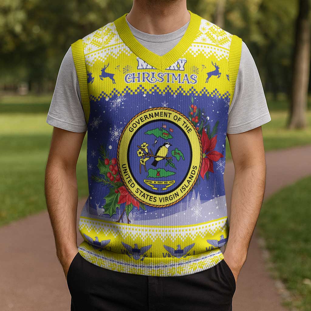United States Virgin Islands Christmas Knitted V-Neck Vest Coat Of Arms With Poinsettia - Wonder Print Shop