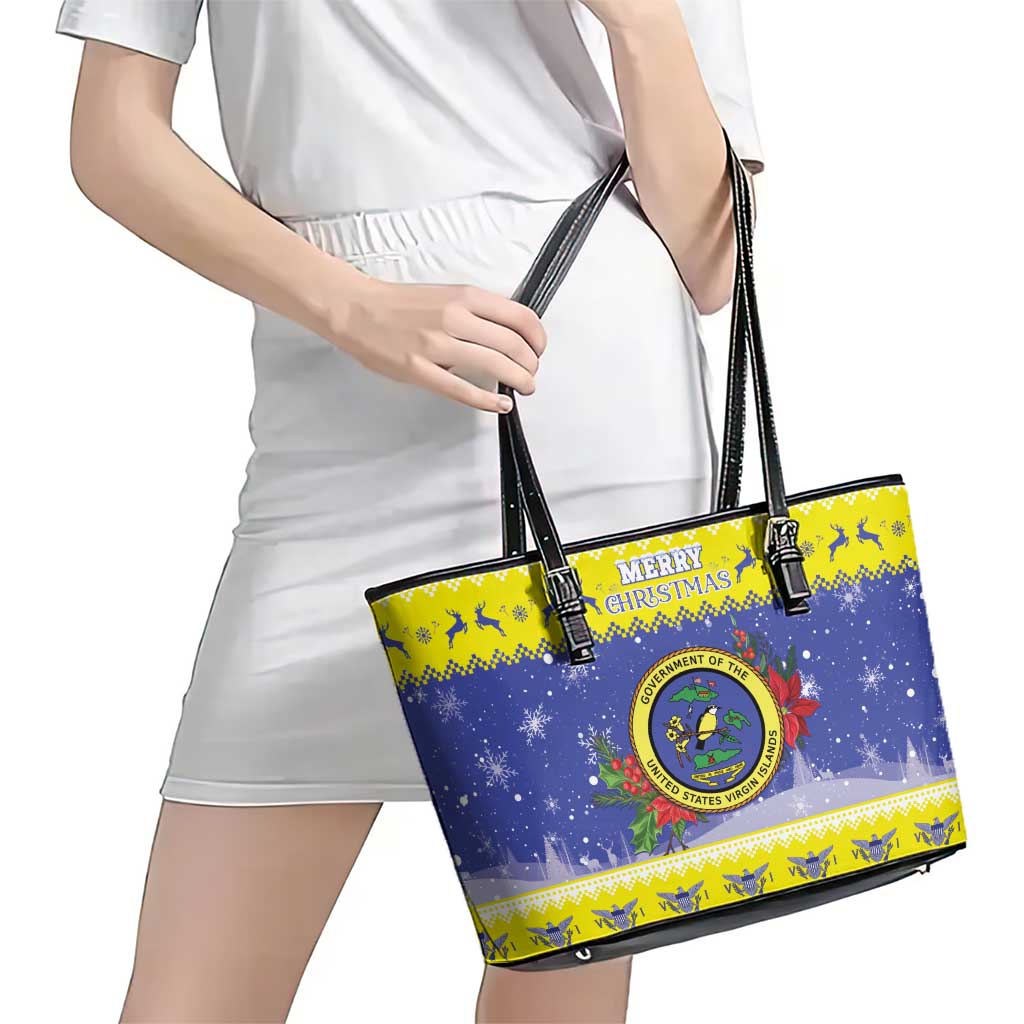 United States Virgin Islands Christmas Leather Tote Bag Coat Of Arms With Poinsettia - Wonder Print Shop