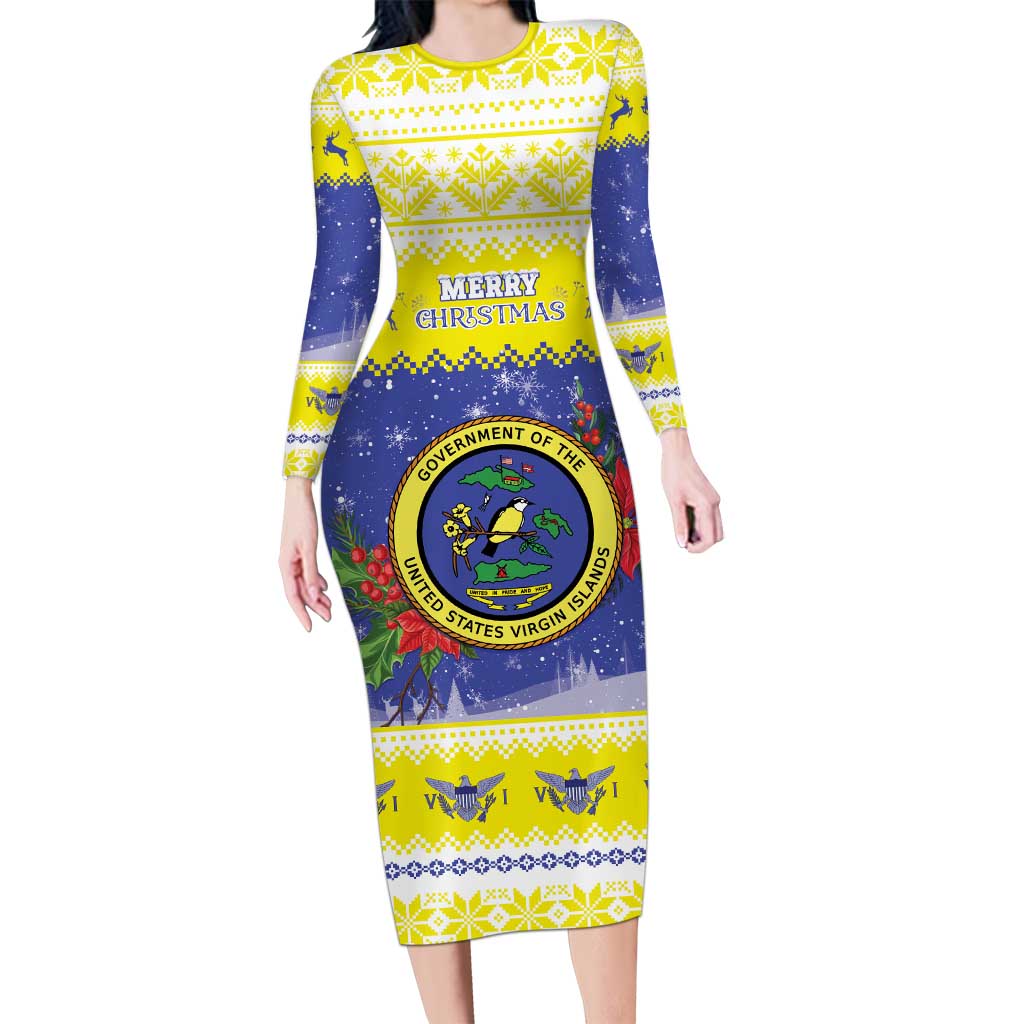 United States Virgin Islands Christmas Long Sleeve Bodycon Dress Coat Of Arms With Poinsettia - Wonder Print Shop