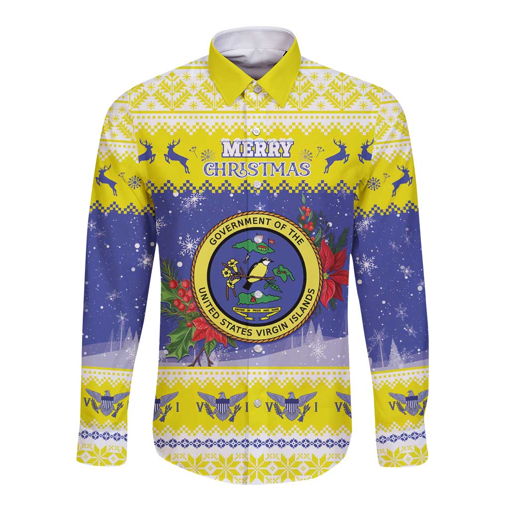 United States Virgin Islands Christmas Long Sleeve Button Shirt Coat Of Arms With Poinsettia - Wonder Print Shop