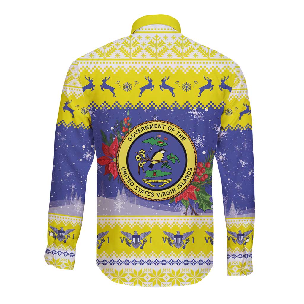 United States Virgin Islands Christmas Long Sleeve Button Shirt Coat Of Arms With Poinsettia - Wonder Print Shop