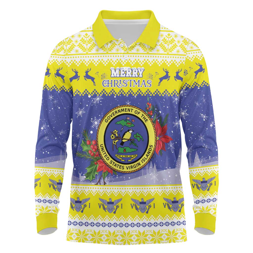 United States Virgin Islands Christmas Long Sleeve Polo Shirt Coat Of Arms With Poinsettia - Wonder Print Shop