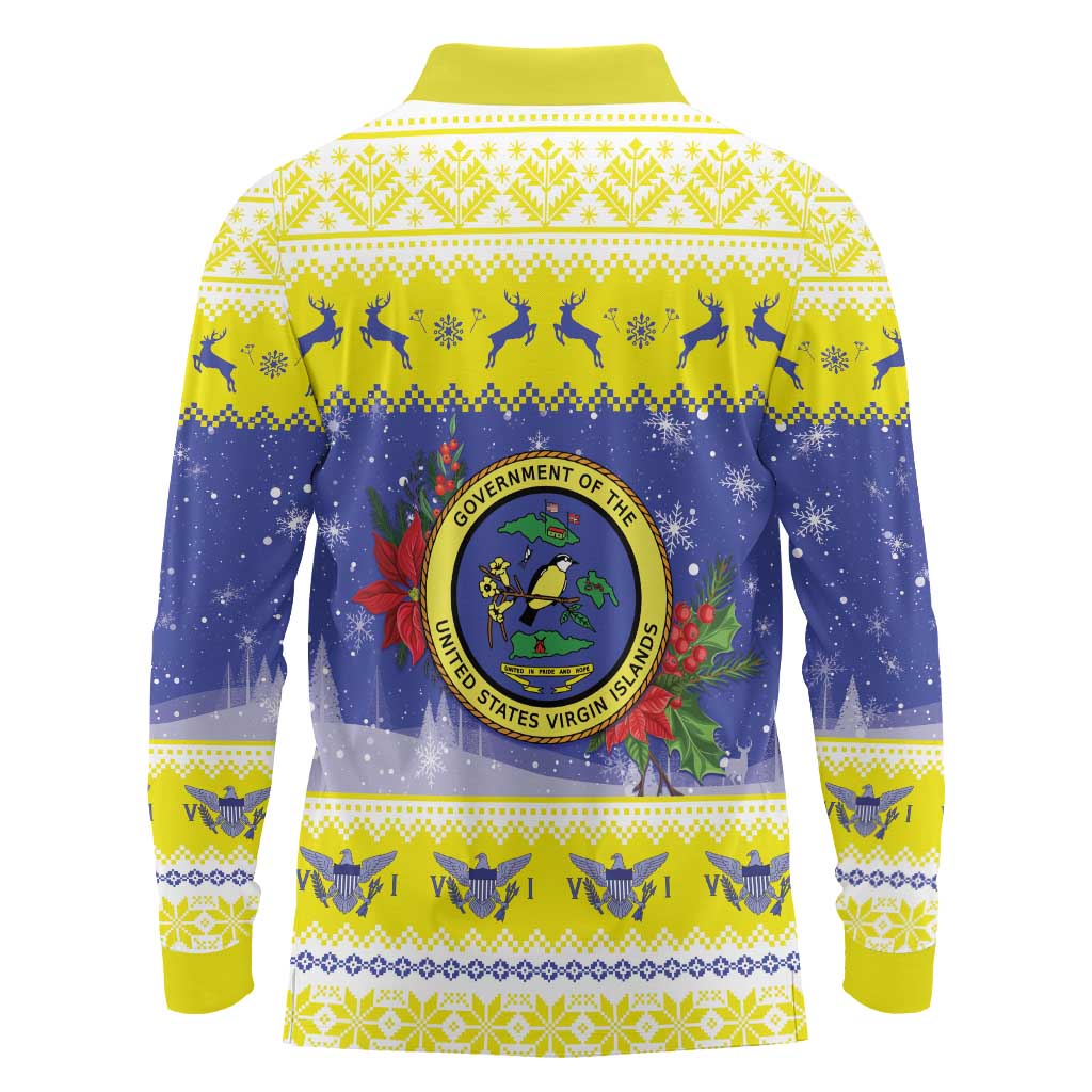 United States Virgin Islands Christmas Long Sleeve Polo Shirt Coat Of Arms With Poinsettia - Wonder Print Shop