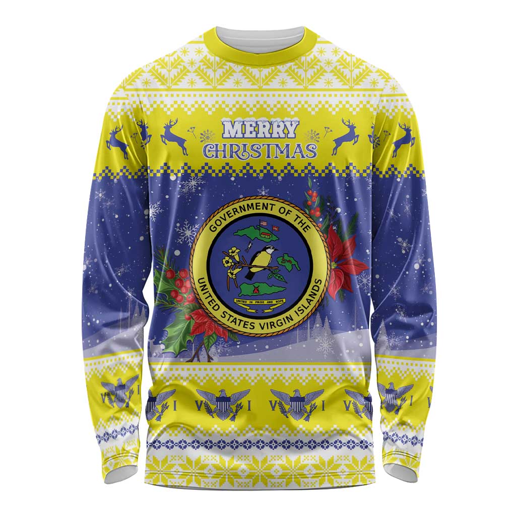 United States Virgin Islands Christmas Long Sleeve Shirt Coat Of Arms With Poinsettia - Wonder Print Shop