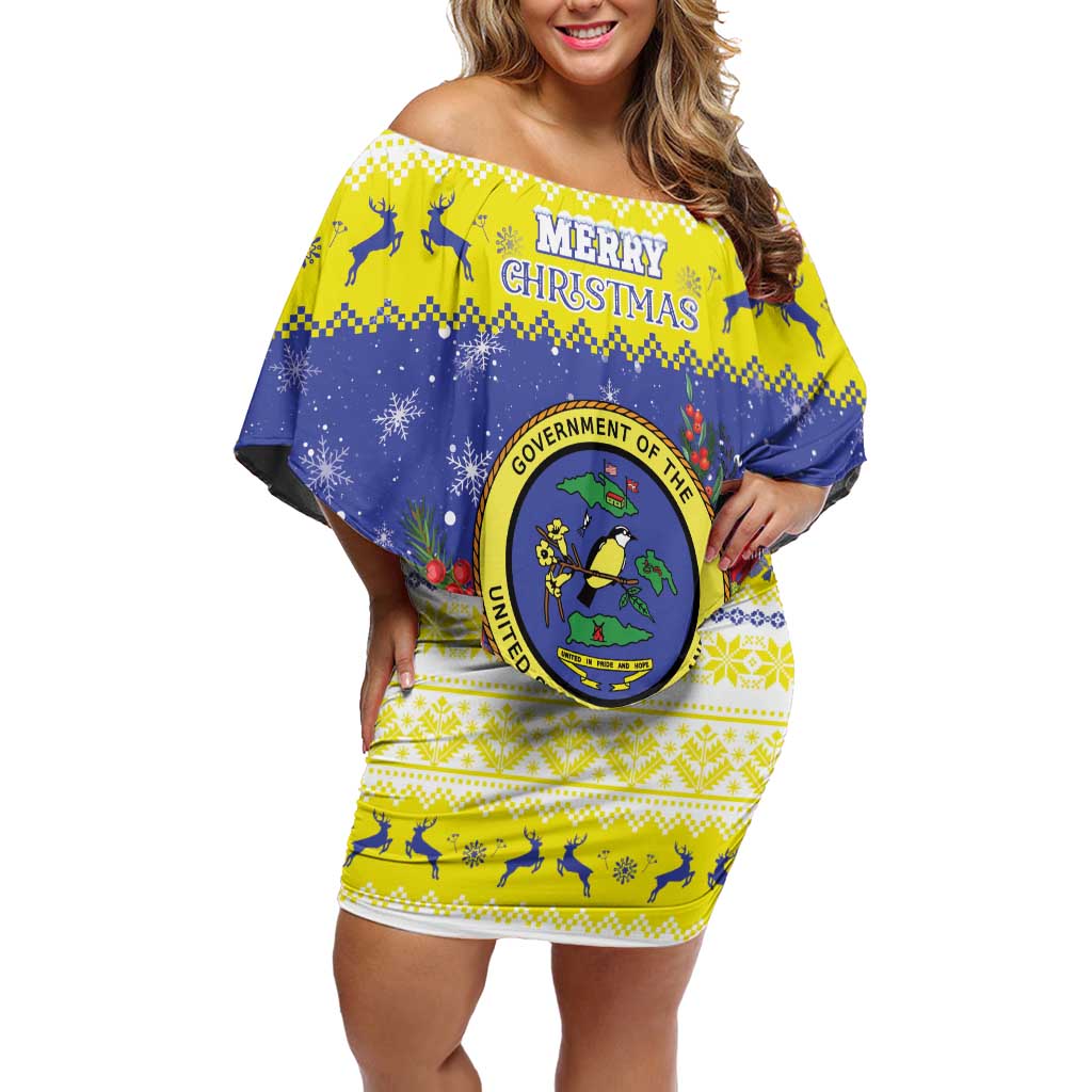 United States Virgin Islands Christmas Off Shoulder Short Dress Coat Of Arms With Poinsettia - Wonder Print Shop
