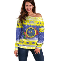 United States Virgin Islands Christmas Off Shoulder Sweater Coat Of Arms With Poinsettia - Wonder Print Shop