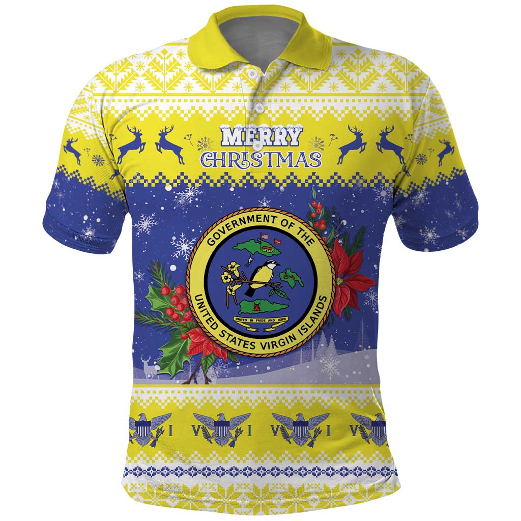 United States Virgin Islands Christmas Polo Shirt Coat Of Arms With Poinsettia - Wonder Print Shop
