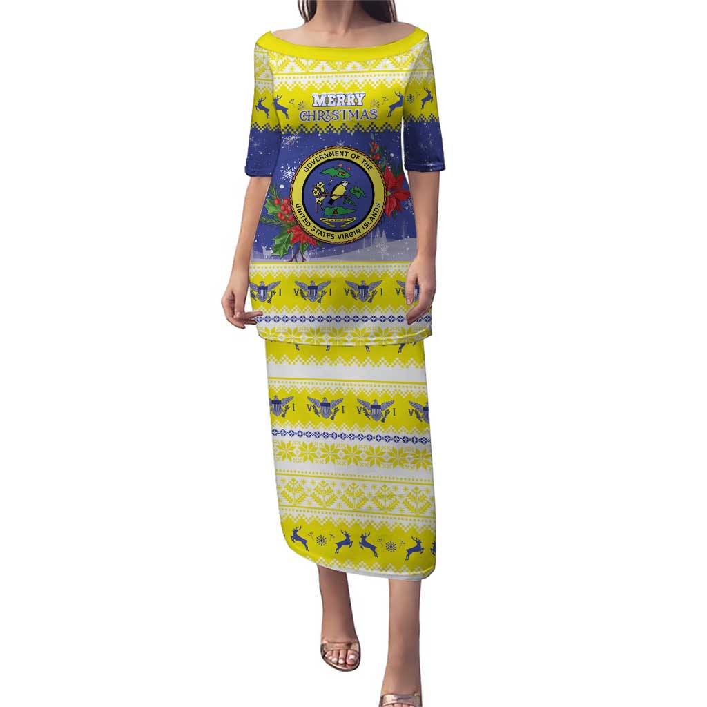 United States Virgin Islands Christmas Puletasi Coat Of Arms With Poinsettia - Wonder Print Shop