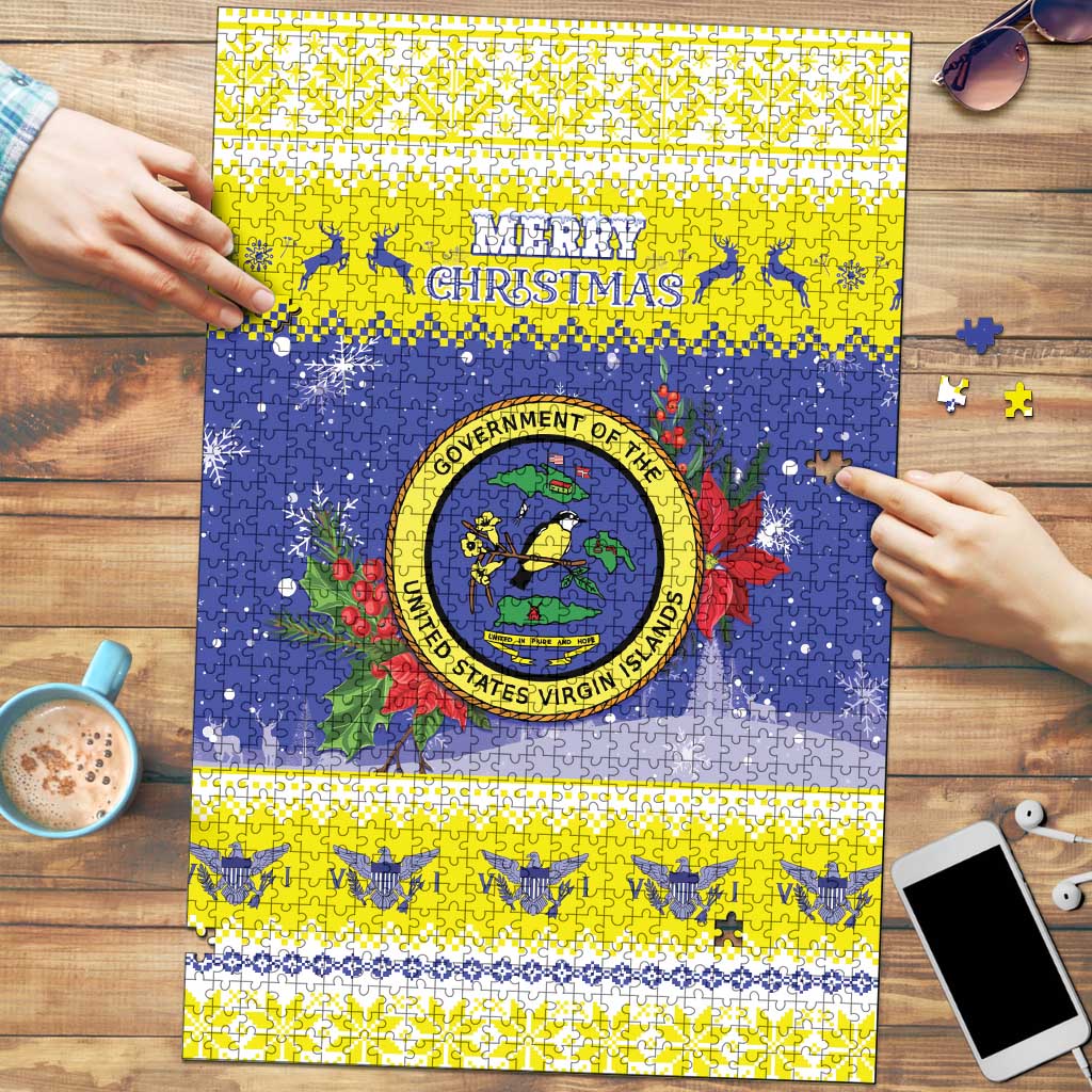 United States Virgin Islands Christmas Puzzle Coat Of Arms With Poinsettia - Wonder Print Shop