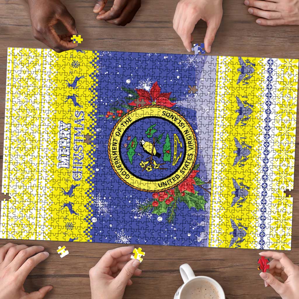 United States Virgin Islands Christmas Puzzle Coat Of Arms With Poinsettia - Wonder Print Shop