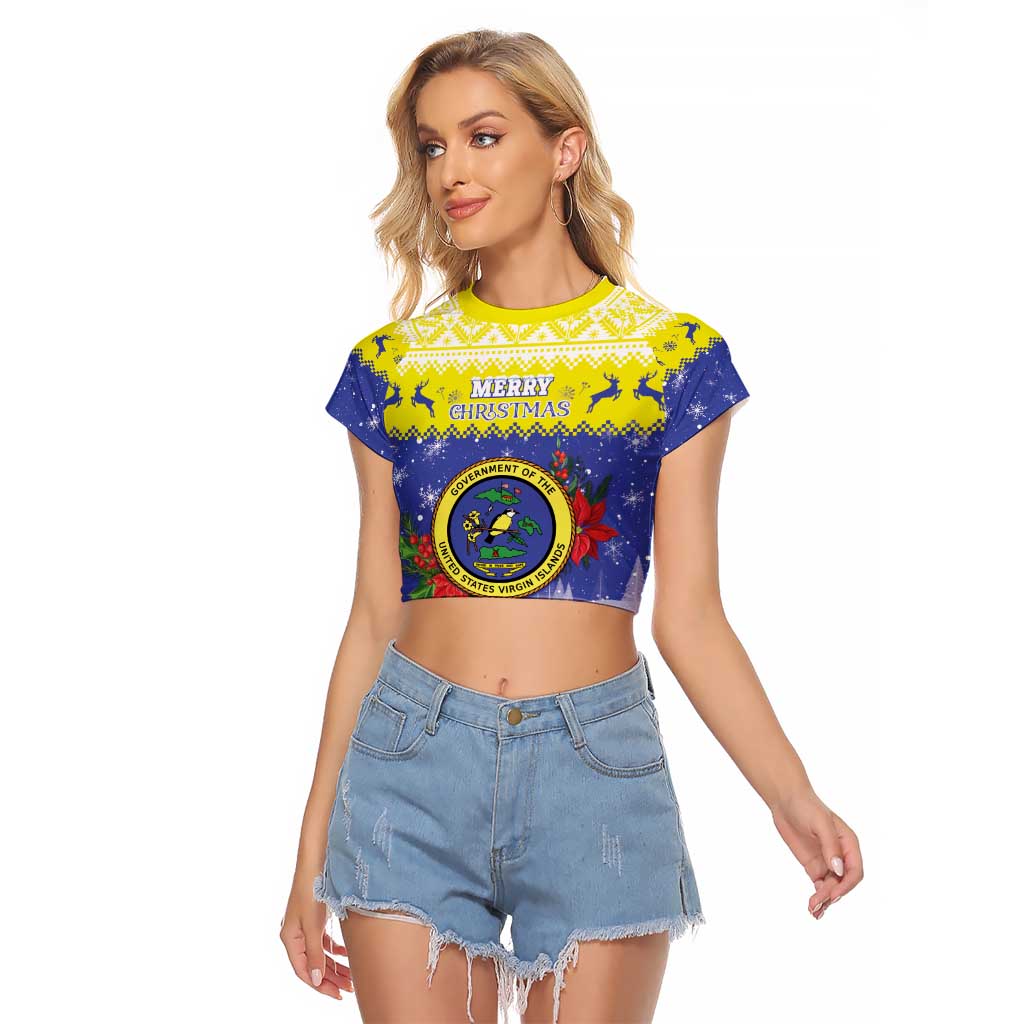 United States Virgin Islands Christmas Raglan Cropped T Shirt Coat Of Arms With Poinsettia - Wonder Print Shop