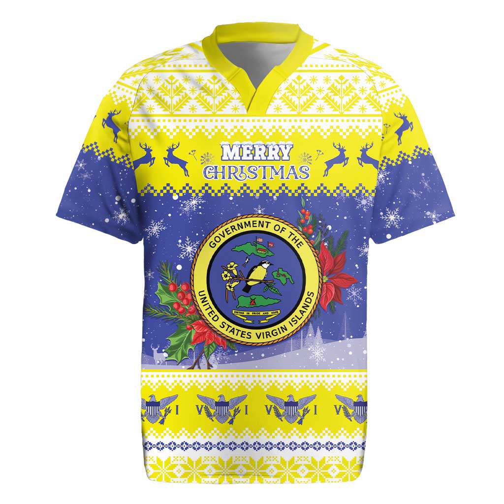United States Virgin Islands Christmas Rugby Jersey Coat Of Arms With Poinsettia - Wonder Print Shop